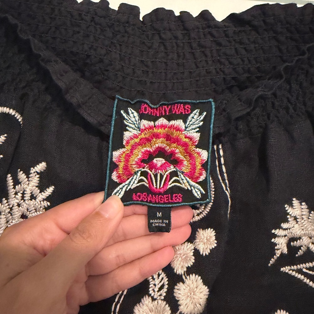 Johnny Was Embroidered Linen Maxi Skirt Black Floral Butterfly Smocked Waist M - Picture 4 of 4
